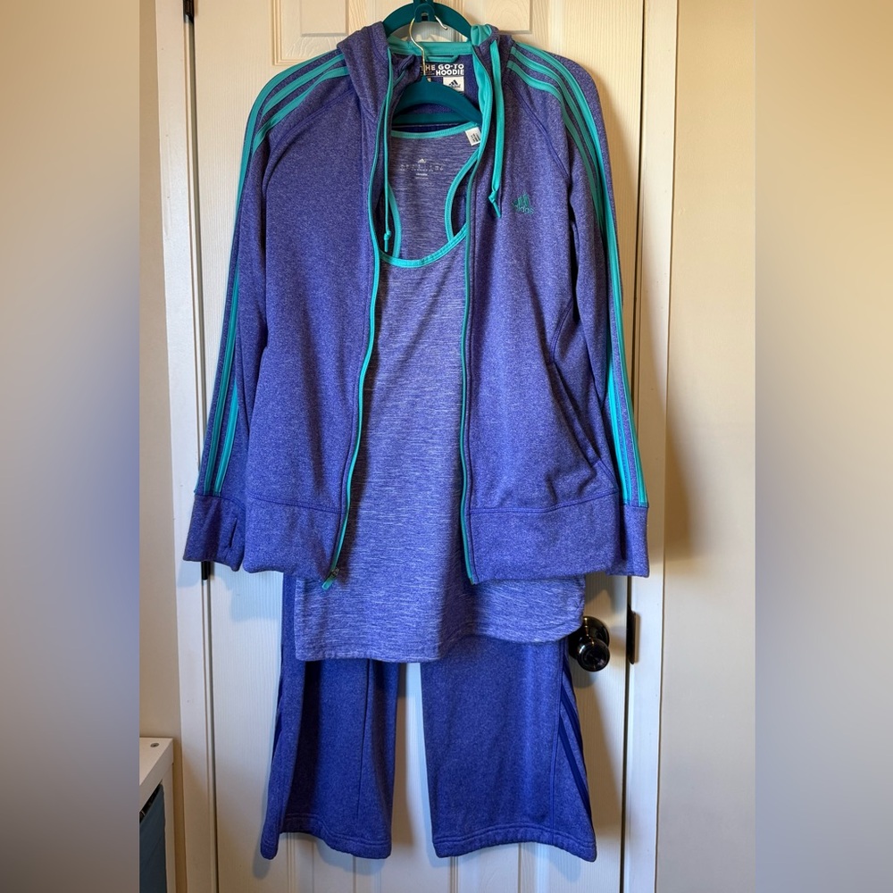 Adidas Purple and Teal Go-To Hoodie Track Suit Set Large